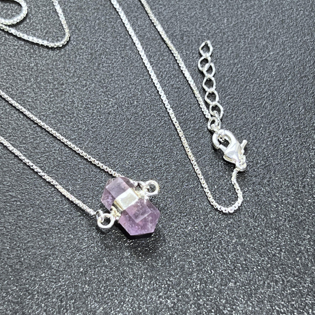 Amethyst Crystal Petite Double Terminated Point Pendant Necklace (16 Inch Silver Plated Chain)