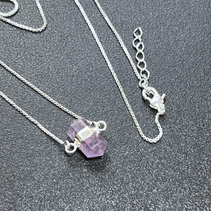 Amethyst Crystal Petite Double Terminated Point Pendant Necklace (16 Inch Silver Plated Chain)