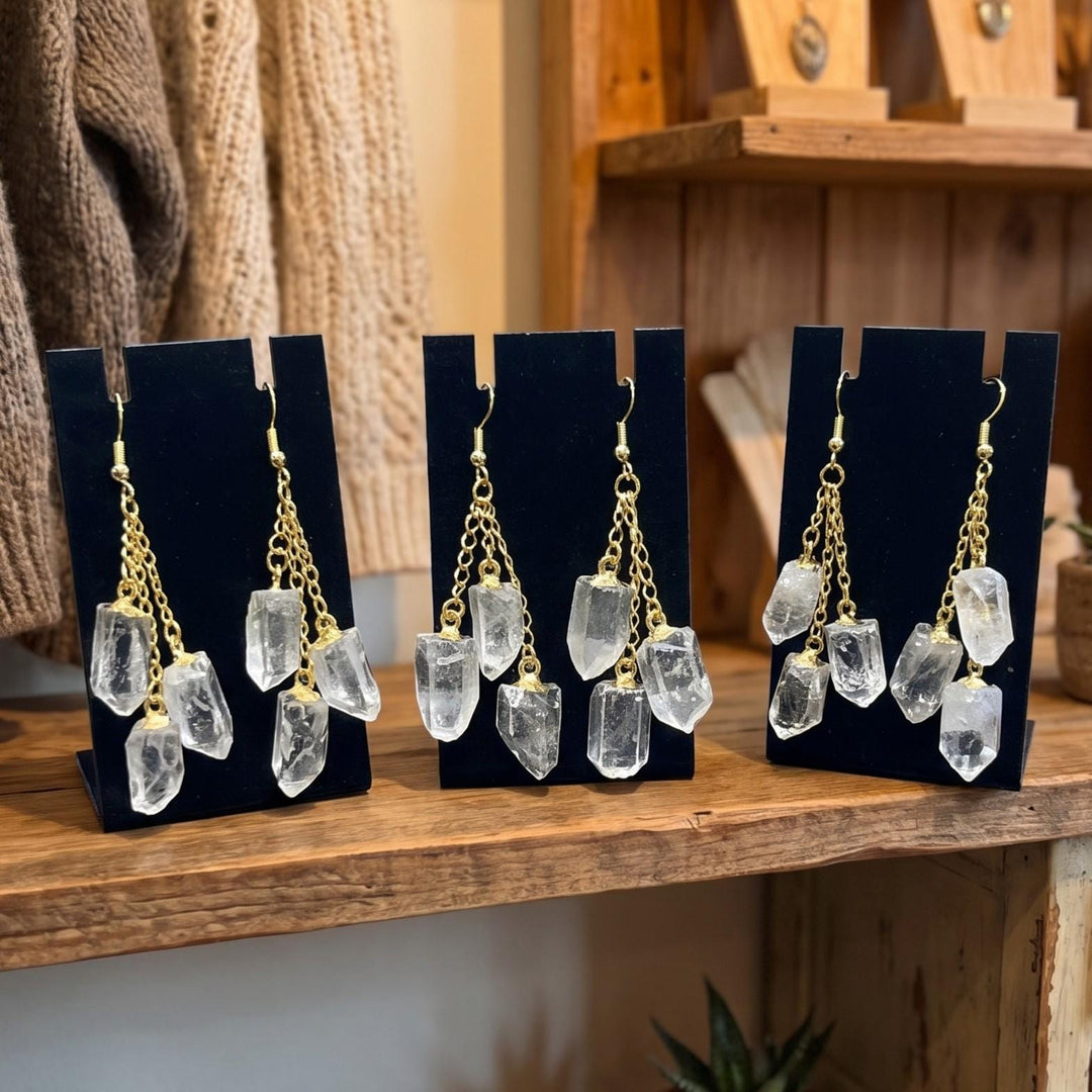 Long Quartz Triple Crystal Earrings Pair (Gold Stainless Hooks)