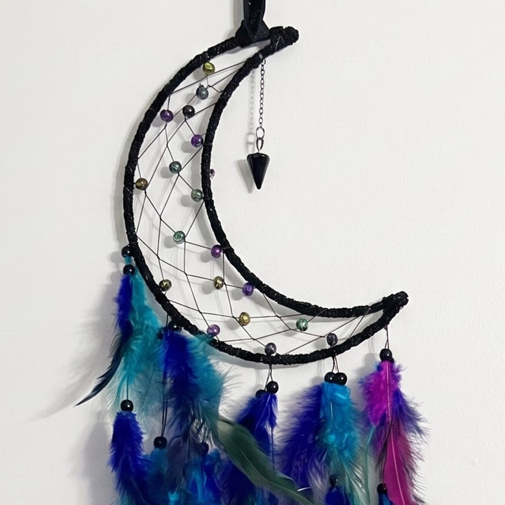 Moon Shaped Dreamcatcher with Black Frame and Purple Blue Feathers (24 Inches)