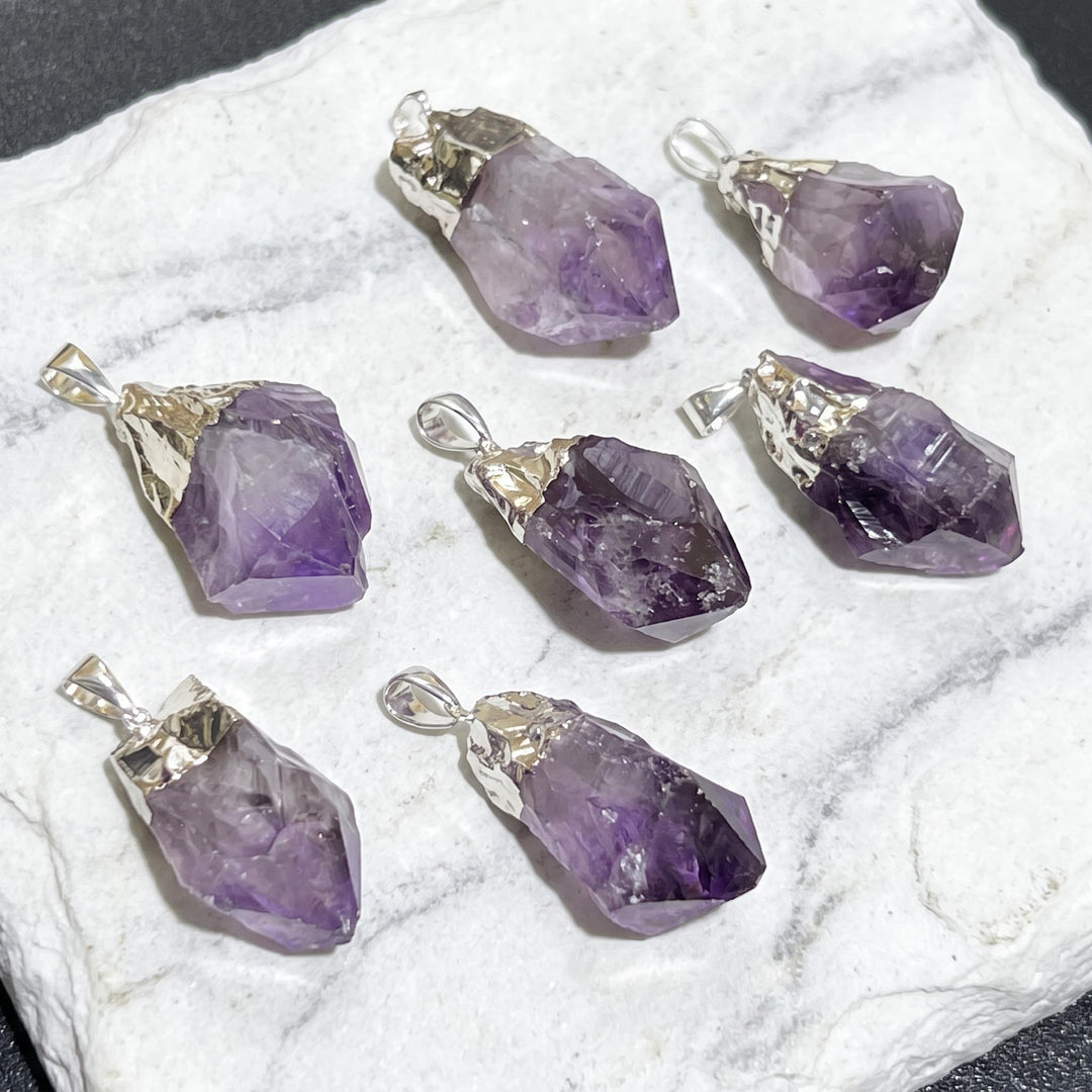 Large Raw Amethyst Crystal Point Pendant (Silver Electroplated)