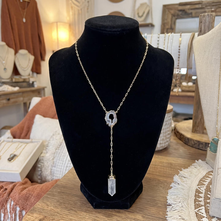 Quartz and Oco Geode Extra Long Lariat Y Drop Necklace Pendant (Gold Plated)