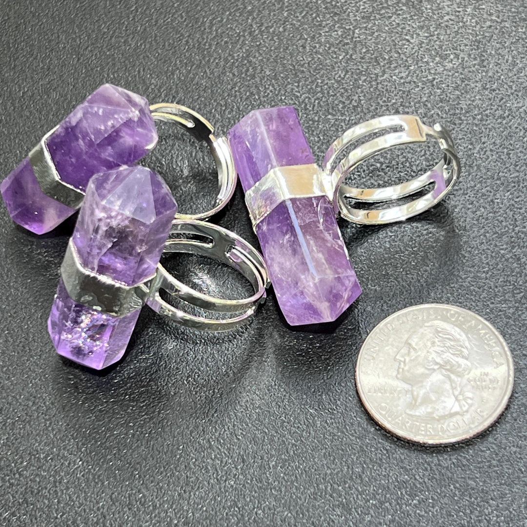 Amethyst Double Terminated Crystal Adjustable Ring (Silver Plated)