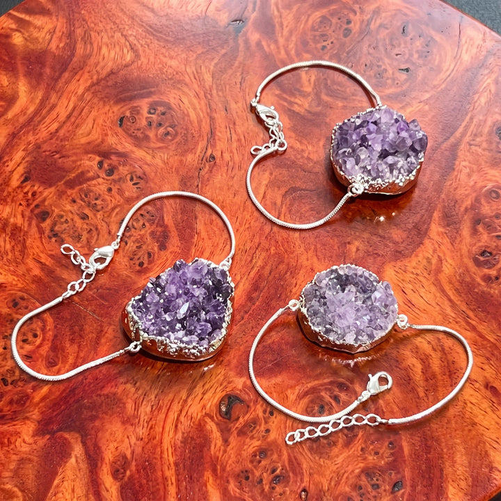Amethyst Bracelet Crystal Cluster Adjustable Clasp (7-8 inches)(Silver Plated)