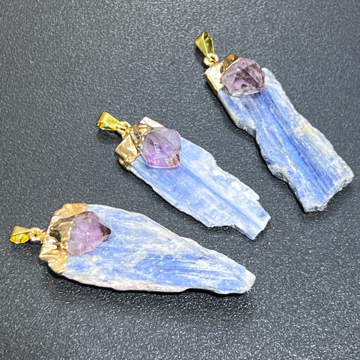Kyanite And Amethyst Crystal Pendant (Gold Electroplated)