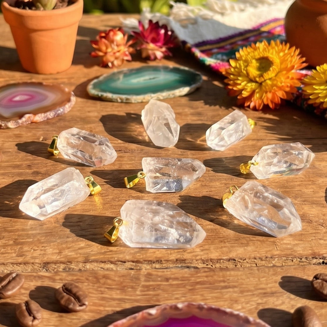 Small Petite Brazilian Quartz Crystal Point Pendant Gold Bail