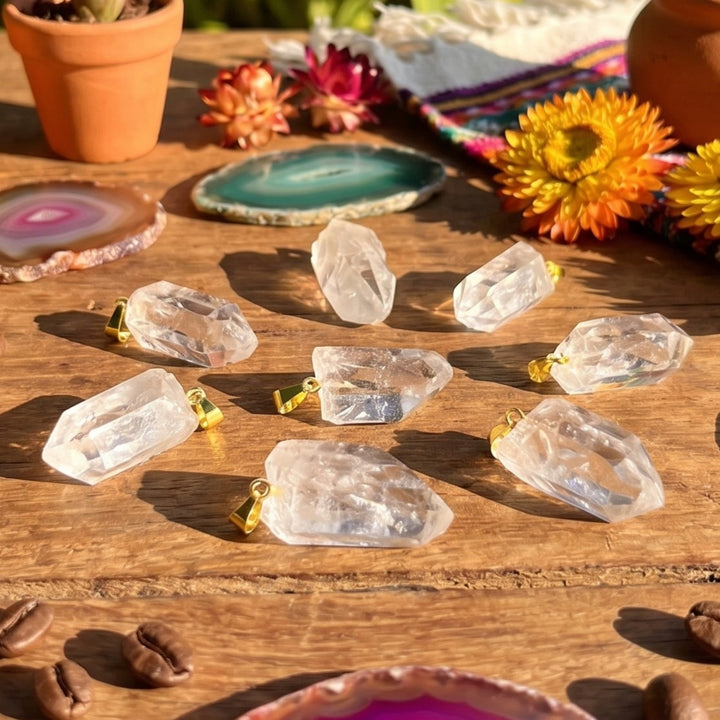 Small Petite Brazilian Quartz Crystal Point Pendant Gold Bail