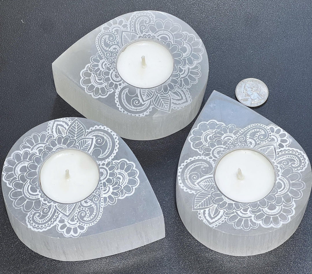 Selenite Satin Spar Crystal Mandala Tealight Candle Carving