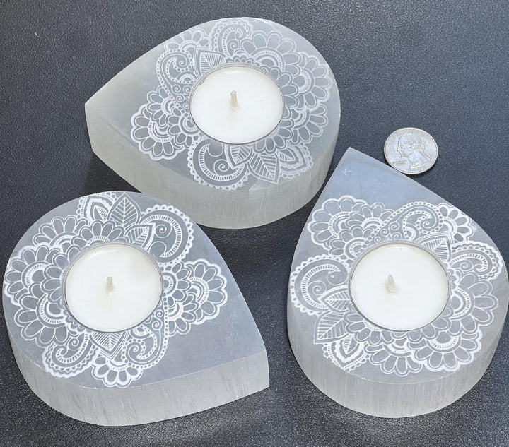 Selenite Satin Spar Crystal Mandala Tealight Candle Carving