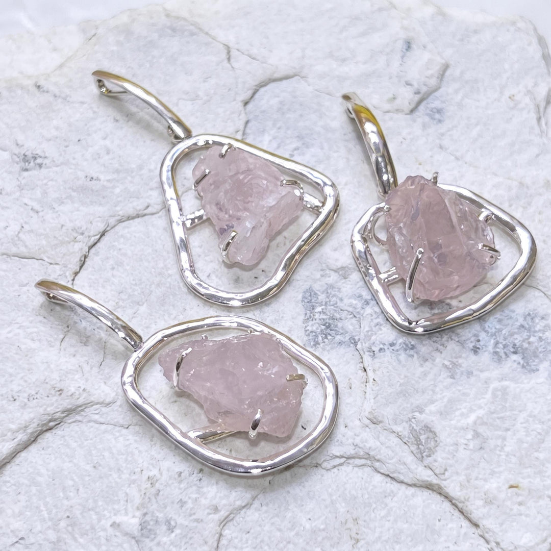 Large Rose Quartz Crystal Pendant (Silver Plated)