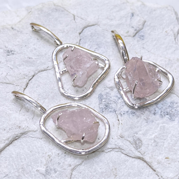 Large Rose Quartz Crystal Pendant (Silver Plated)