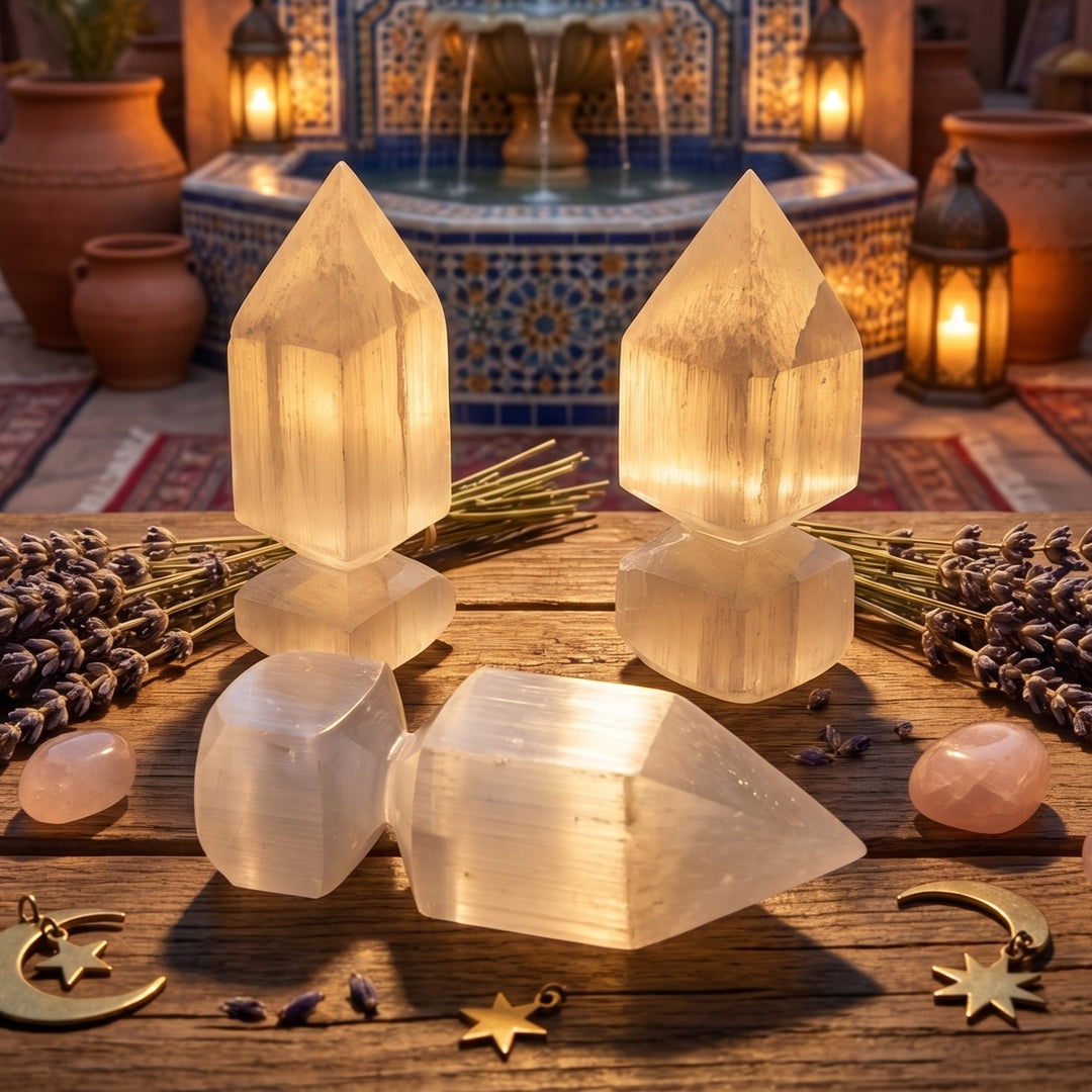 Satin Spar Crystal Point Obelisk Tower Carving