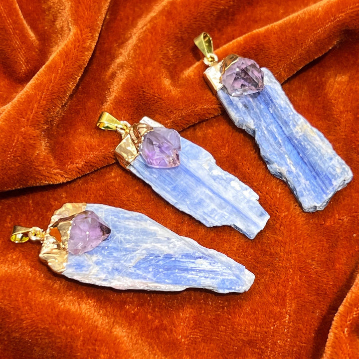 Kyanite And Amethyst Crystal Pendant (Gold Electroplated)