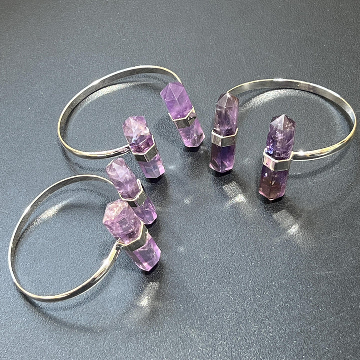 Amethyst Crystal Point Adjustable Cuff Bangle Bracelet (Silver Electroplated)