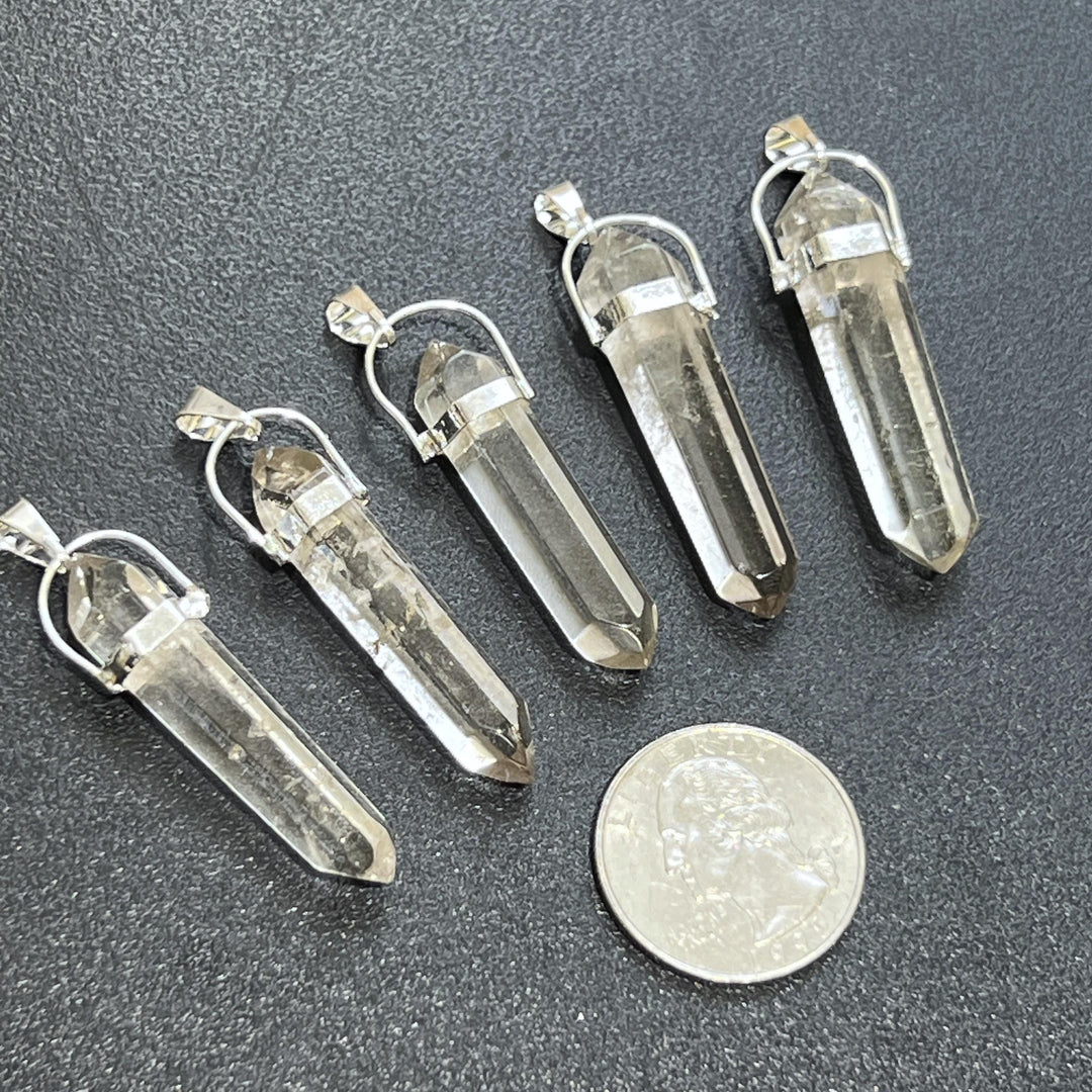 Smoky Quartz Crystal Faceted Point Pendant (Silver Plated)