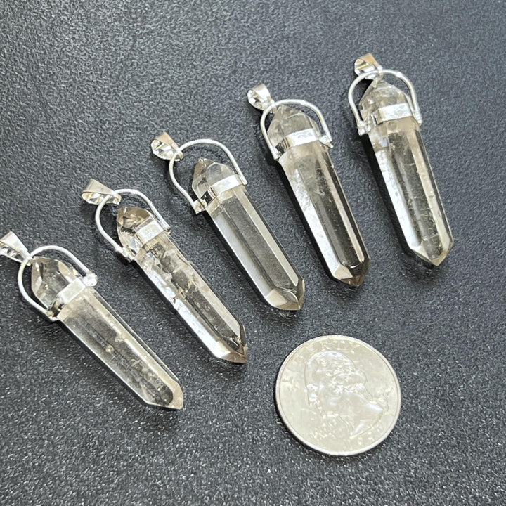 Smoky Quartz Crystal Faceted Point Pendant (Silver Plated)