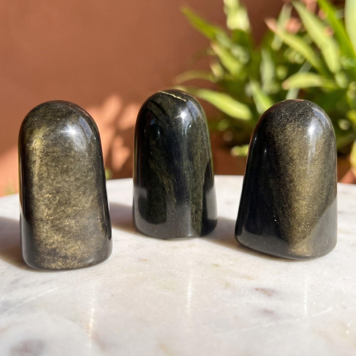 Gold and Silver Sheen Black Obsidian Freeform Standing Tower Carving