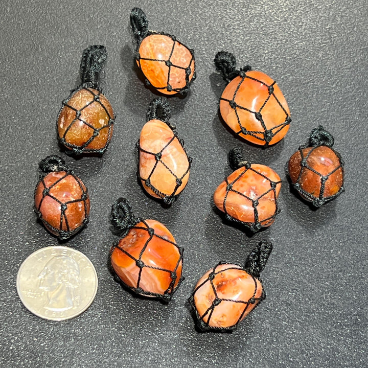 Red Carnelian Agate Crystal Pendant (Fish Net Wrap)
