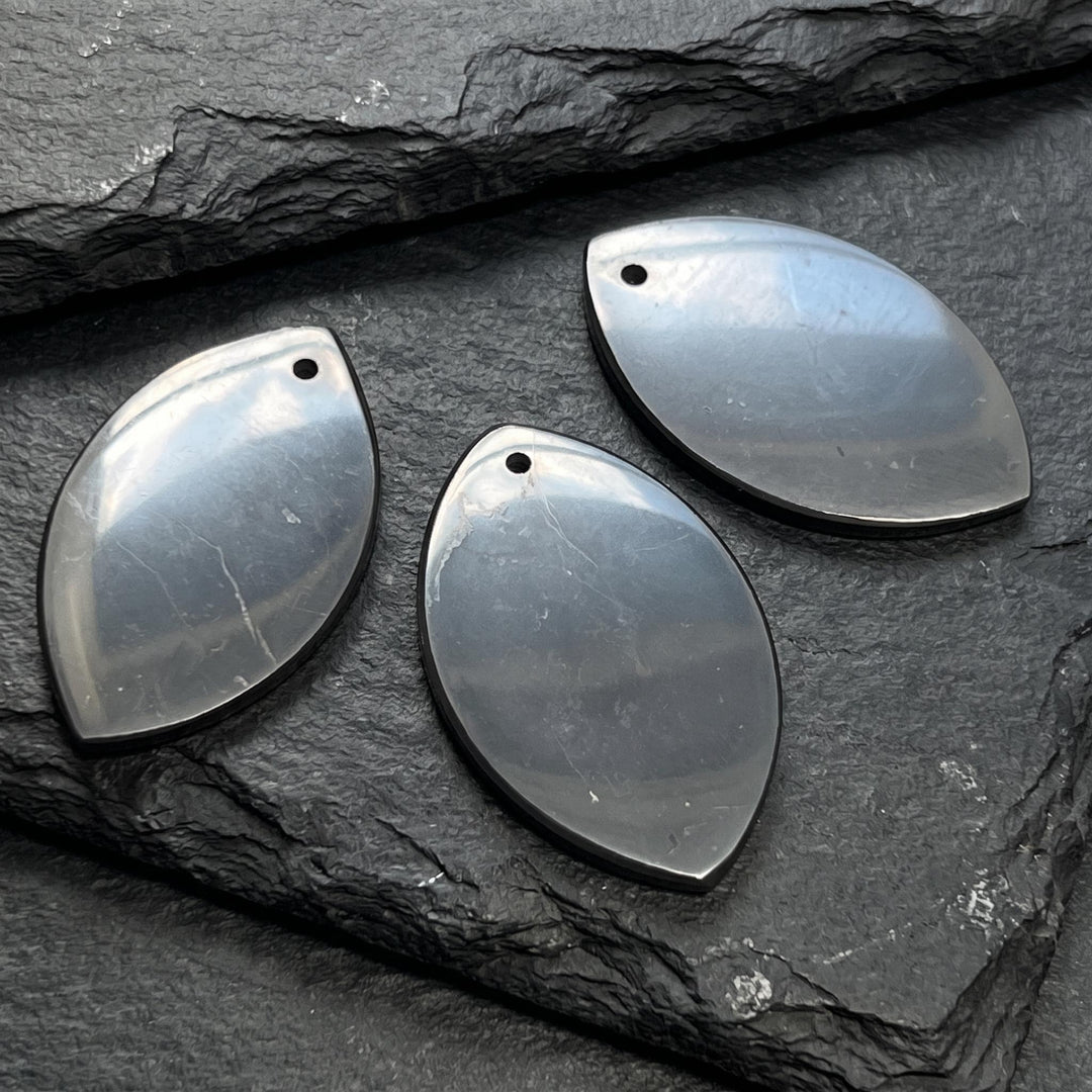 Black Shungite Petal Shaped Drilled (2mm Hole) Pendant Bead