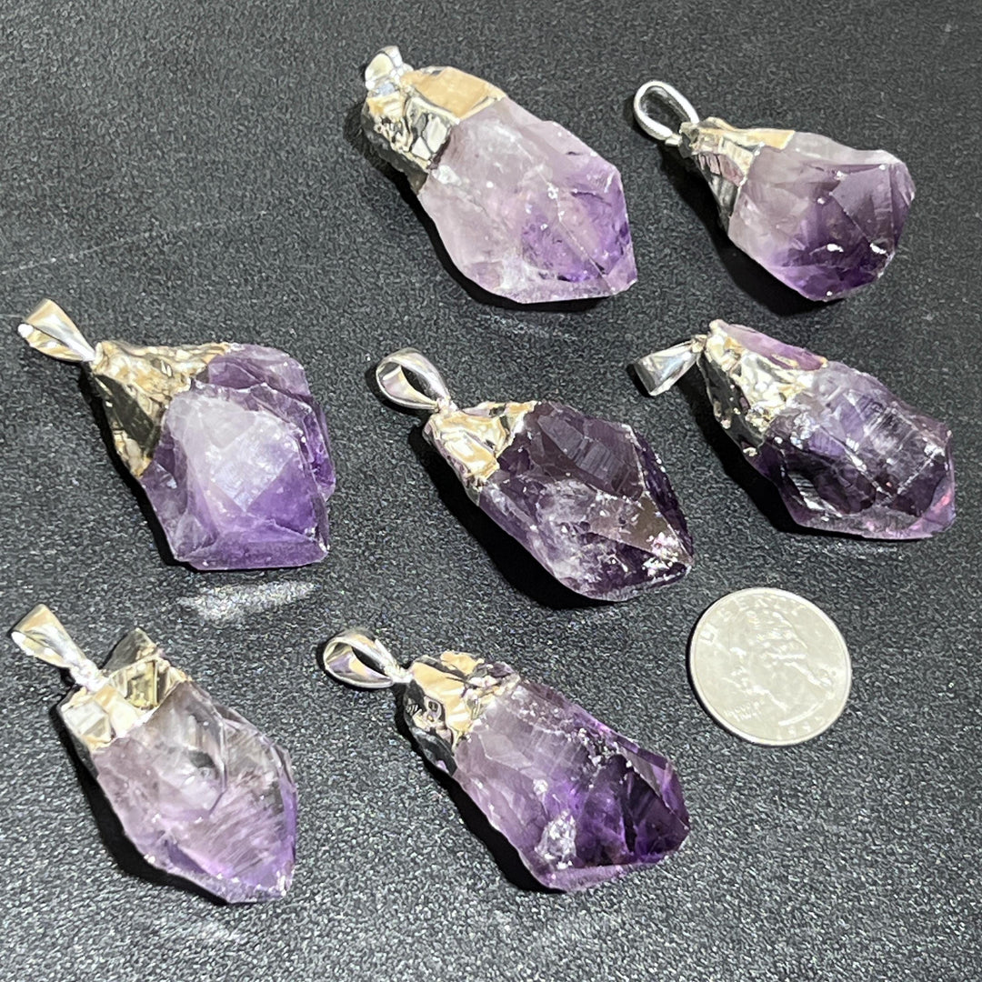 Large Raw Amethyst Crystal Point Pendant (Silver Electroplated)