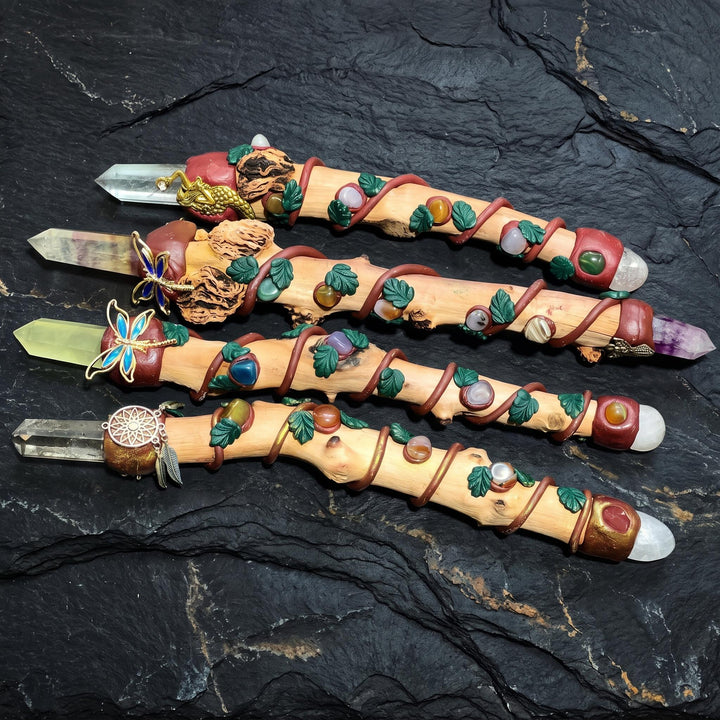 Long Crystal Point Wand Staff Wood Stick Branch Decor Carving