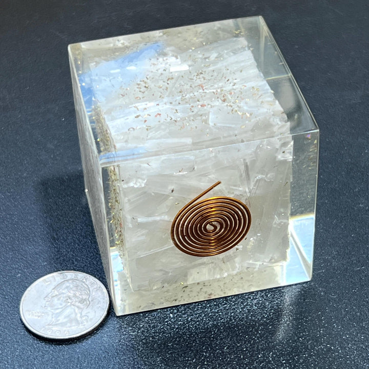Large Selenite Crystal Resin Orgone Cube Carving