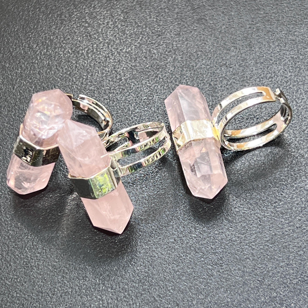 Pink Rose Quartz Crystal Adjustable Ring (Silver Plated)