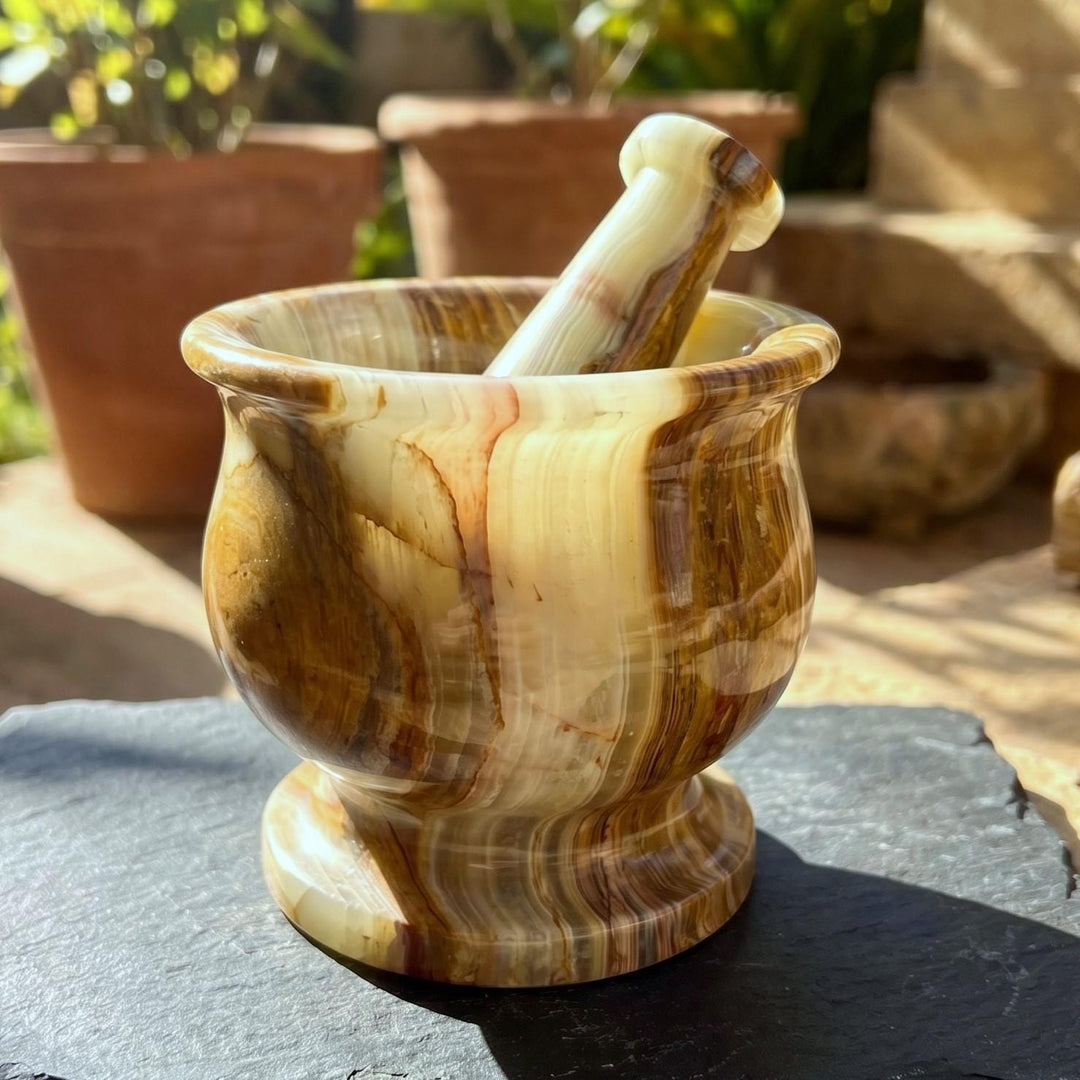 Banded Calcite Mortar and Pestle Set Genuine Natural Stone Carving