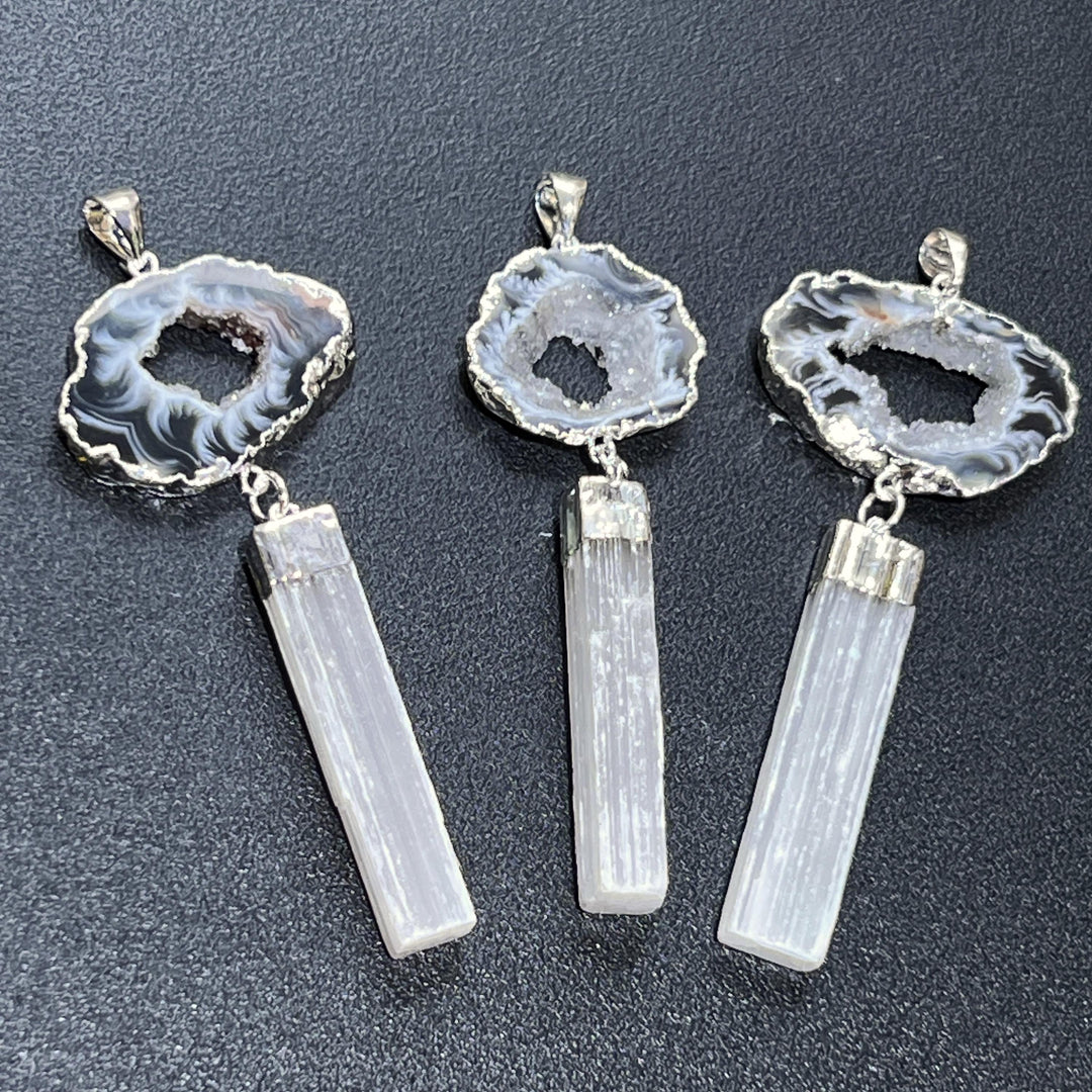Selenite and Geode Crystal Pendant (Silver Plated)