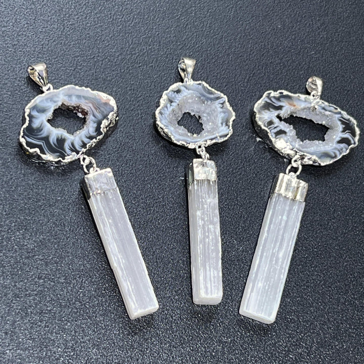 Selenite and Geode Crystal Pendant (Silver Plated)