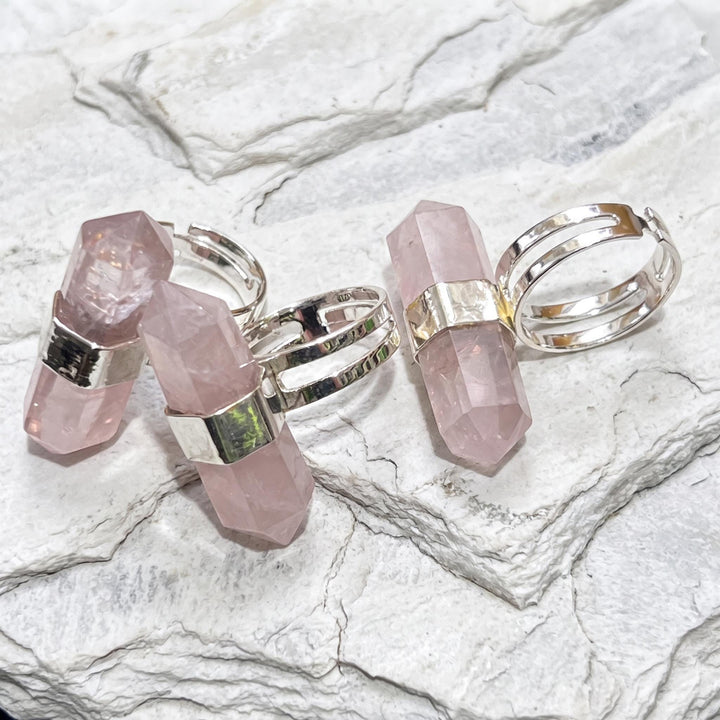 Pink Rose Quartz Crystal Adjustable Ring (Silver Plated)
