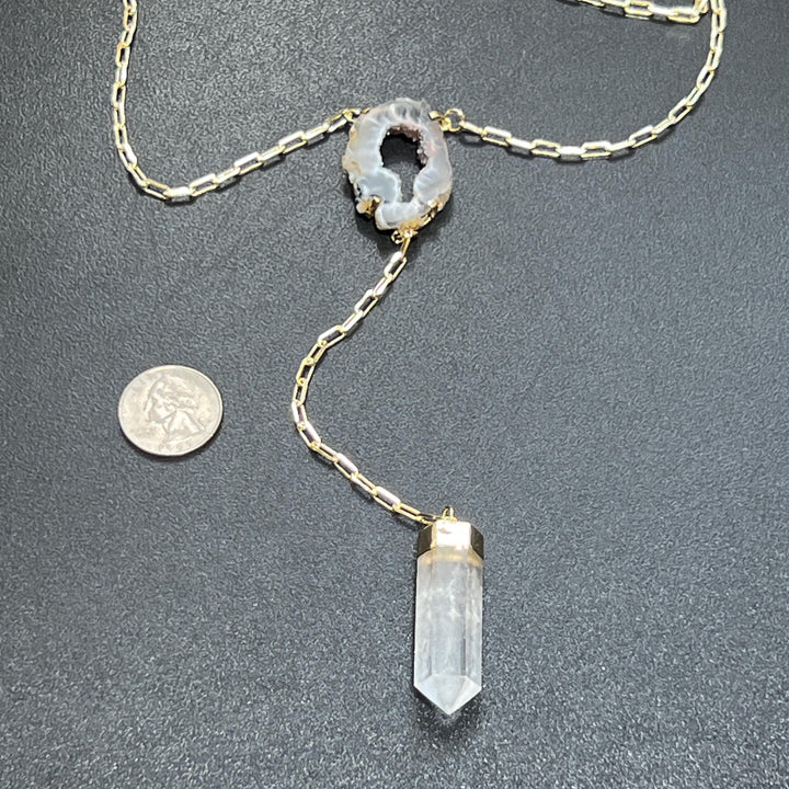 Quartz and Oco Geode Extra Long Lariat Y Drop Necklace Pendant (Gold Plated)