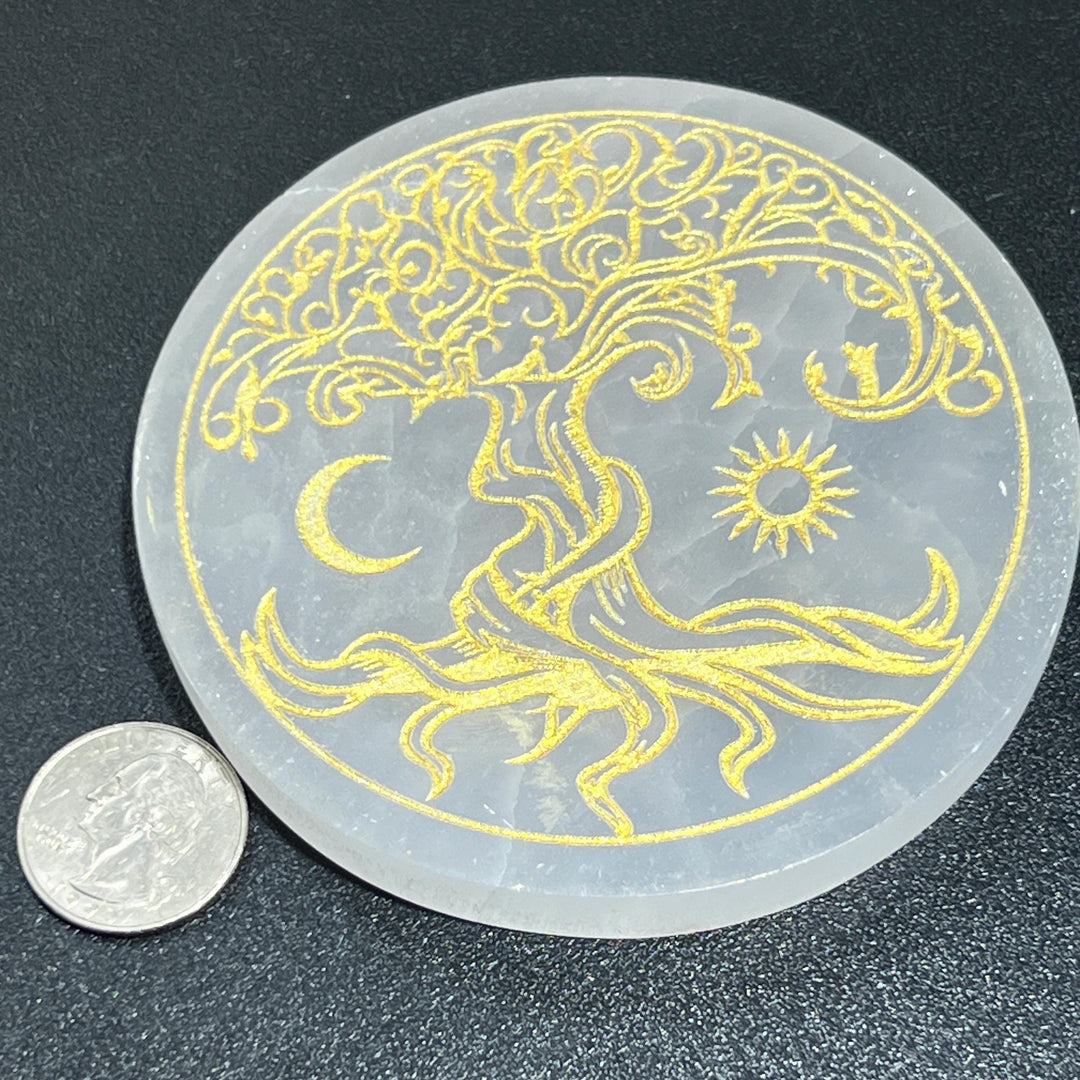 Selenite Satin Spar Crystal Gold Engraved Tree Of Life Round Circle Plate Carving