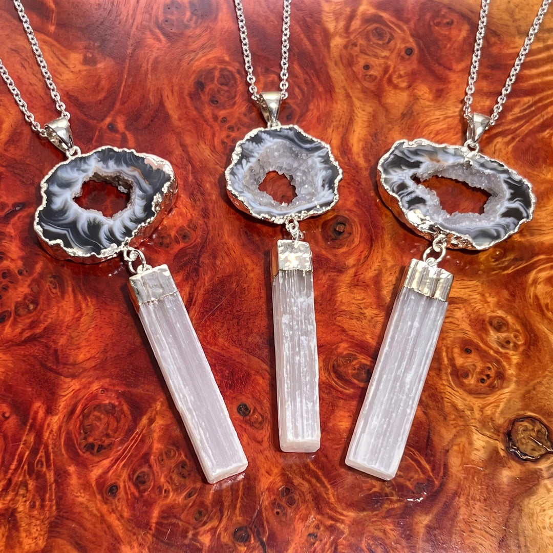 Selenite and Geode Crystal Pendant (Silver Plated)