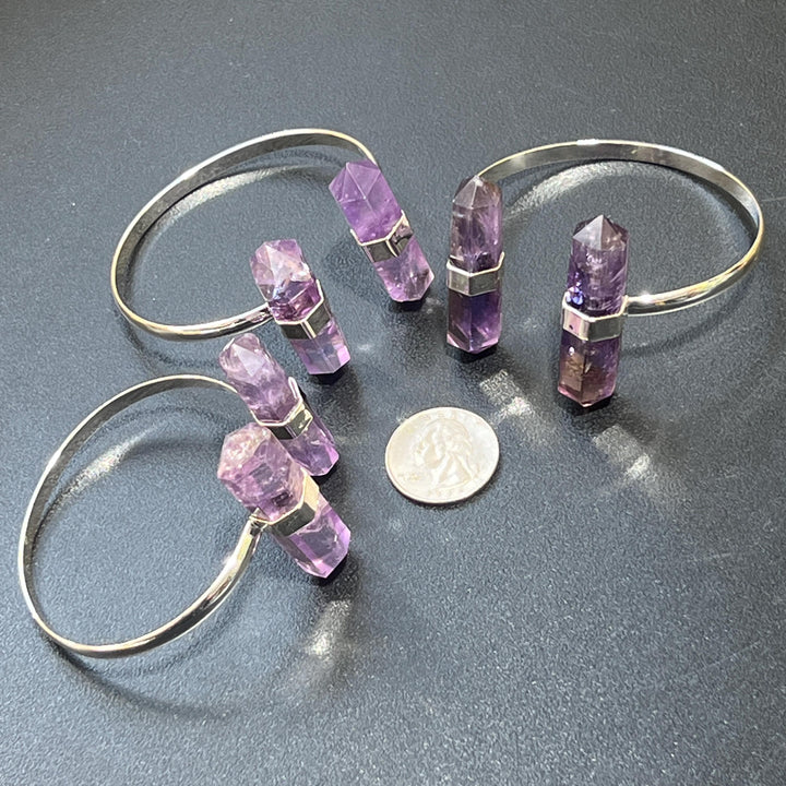 Amethyst Crystal Point Adjustable Cuff Bangle Bracelet (Silver Electroplated)