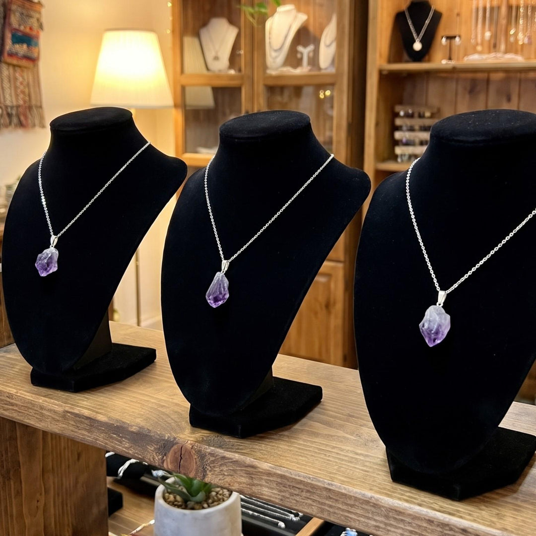 Raw Amethyst Crystal Point Pendant (Silver Bail)