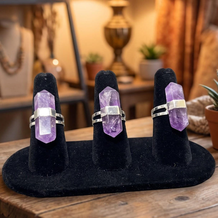 Amethyst Double Terminated Crystal Adjustable Ring (Silver Plated)