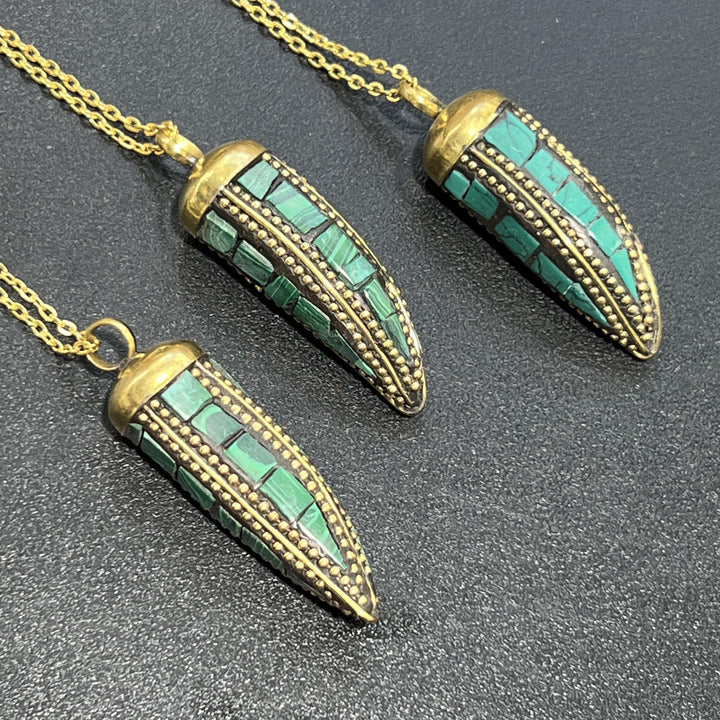 Tibetan Horn Pendant Faux Malachite Brass (Free 30" Chain)