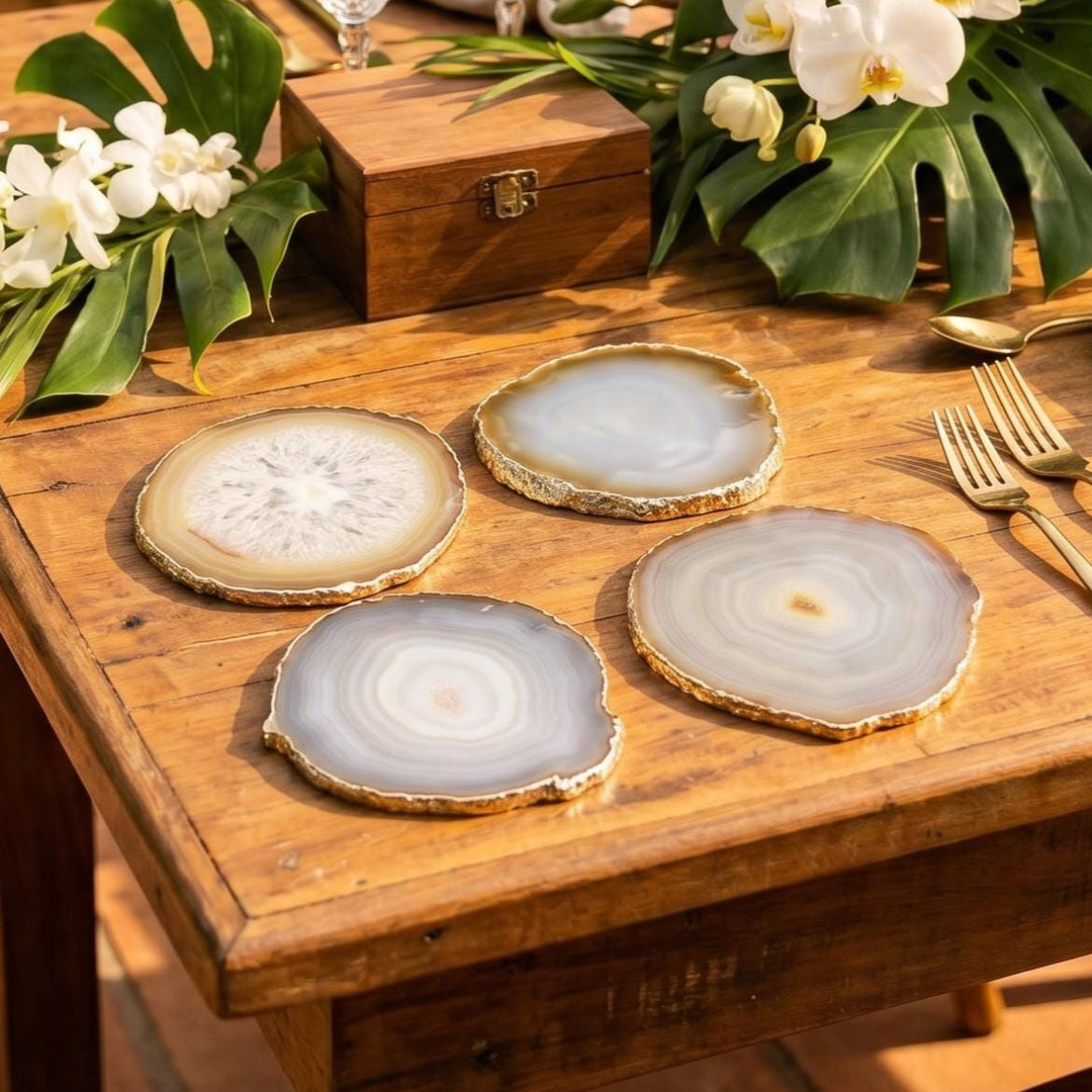 Natural Grey Brown Agate Slice Coasters Silver Edges