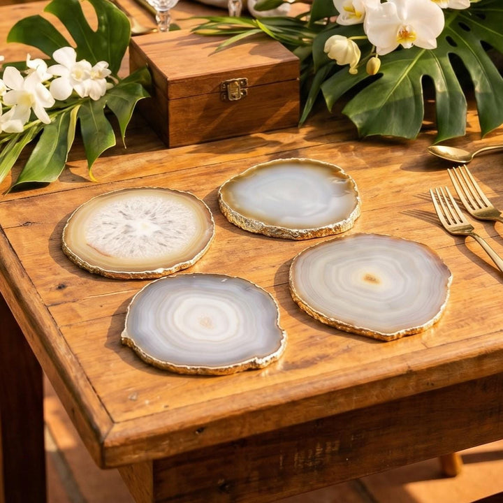 Natural Grey Brown Agate Slice Coasters Silver Edges
