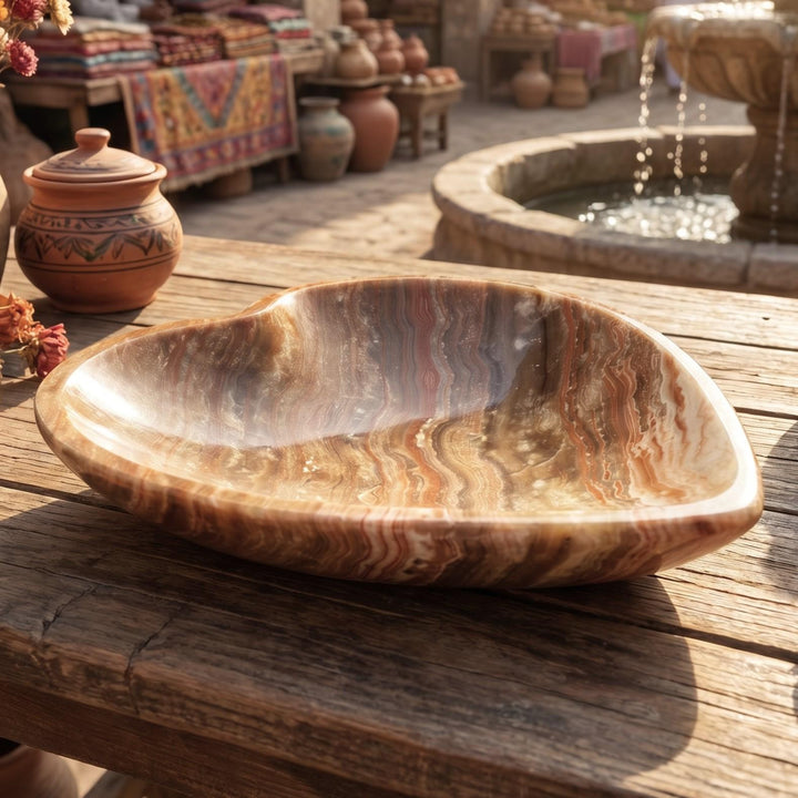 Brown Banded Calcite Heart Shaped Stone Bowl Carving (8 Inches)