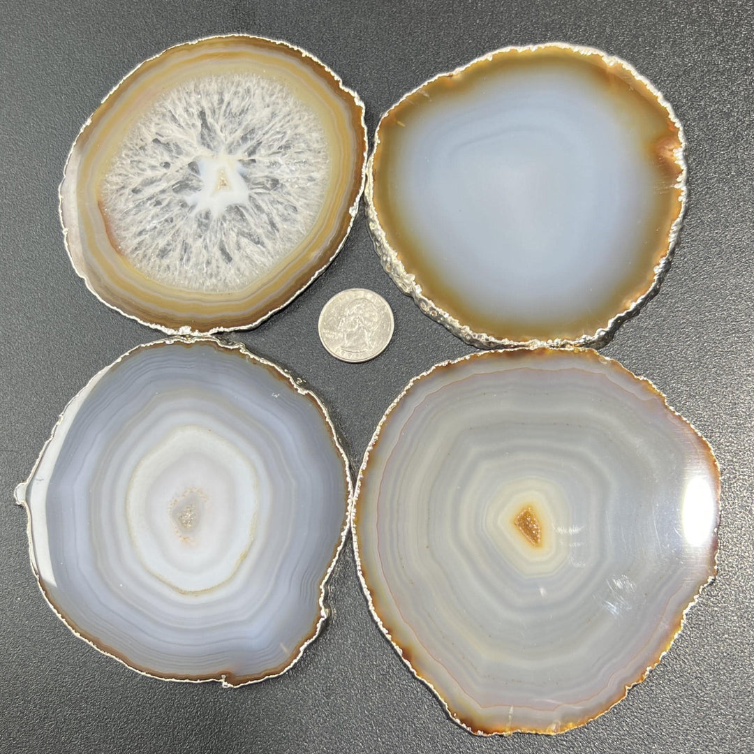 Natural Grey Brown Agate Slice Coasters Silver Edges