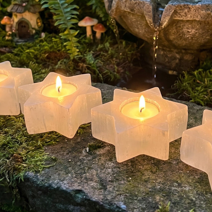 Selenite Satin Spar Crystal Star Tealight Candle Carving
