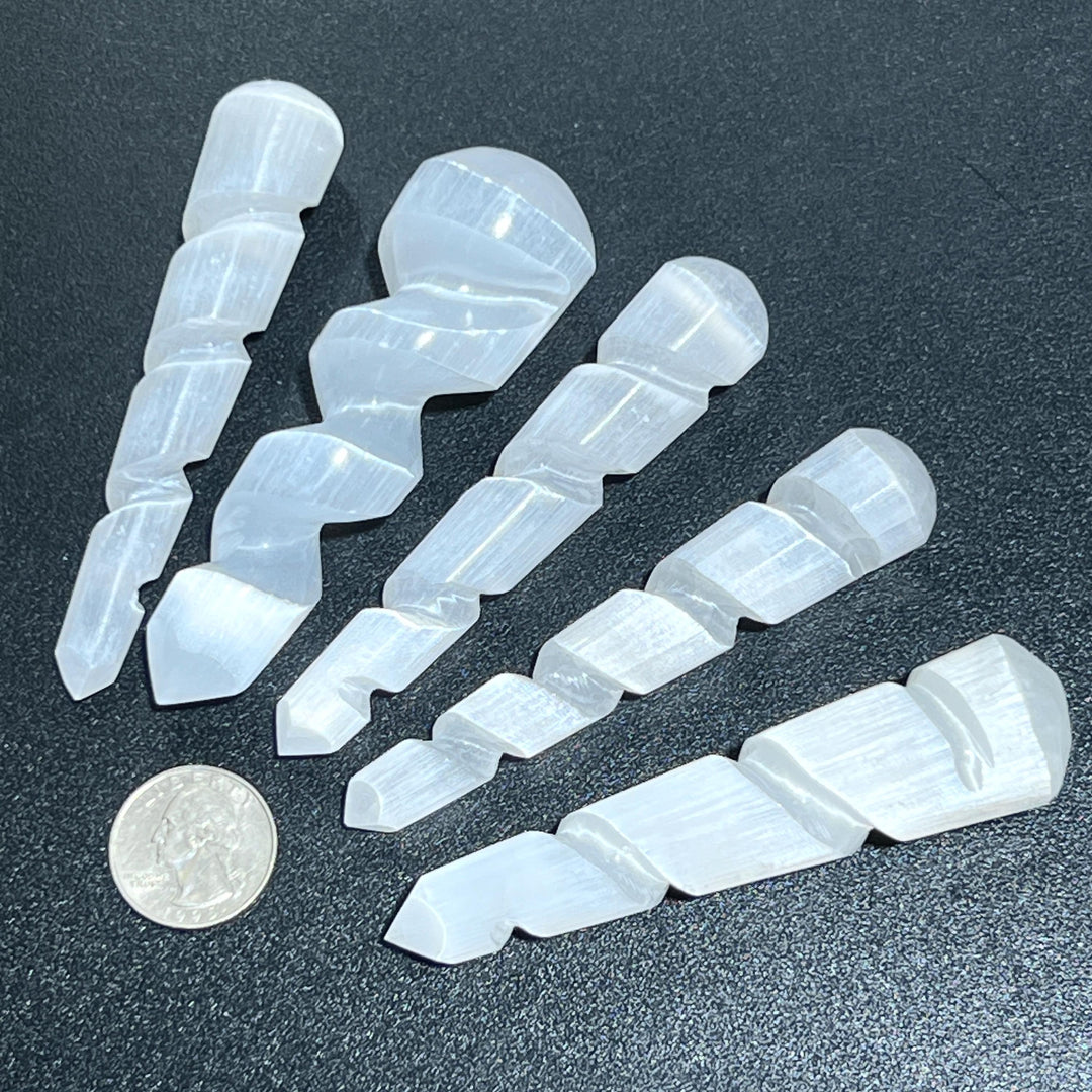 Selenite Satin Spar Crystal Spiral Unicorn Wand Carving
