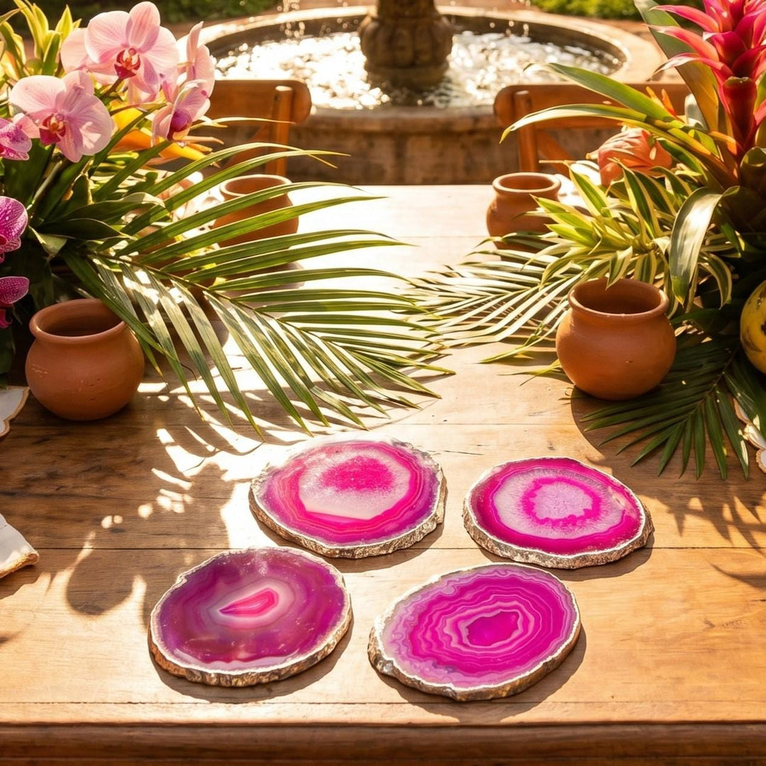 Pink Agate Slice Coasters Silver Dipped Plated (3 to 3.5 Inches)