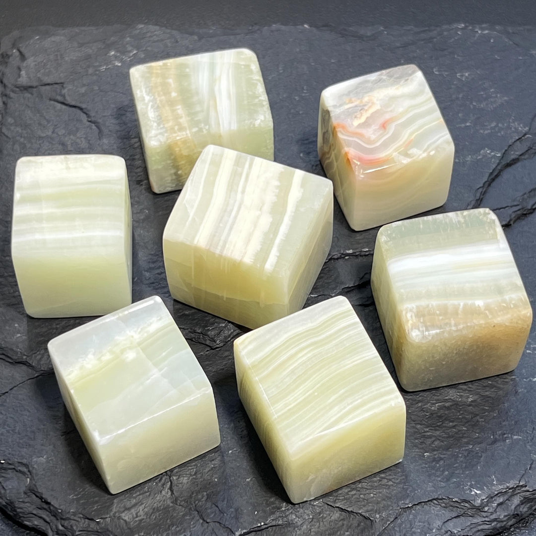 Green Banded Calcite Crystal Cube Block Carving