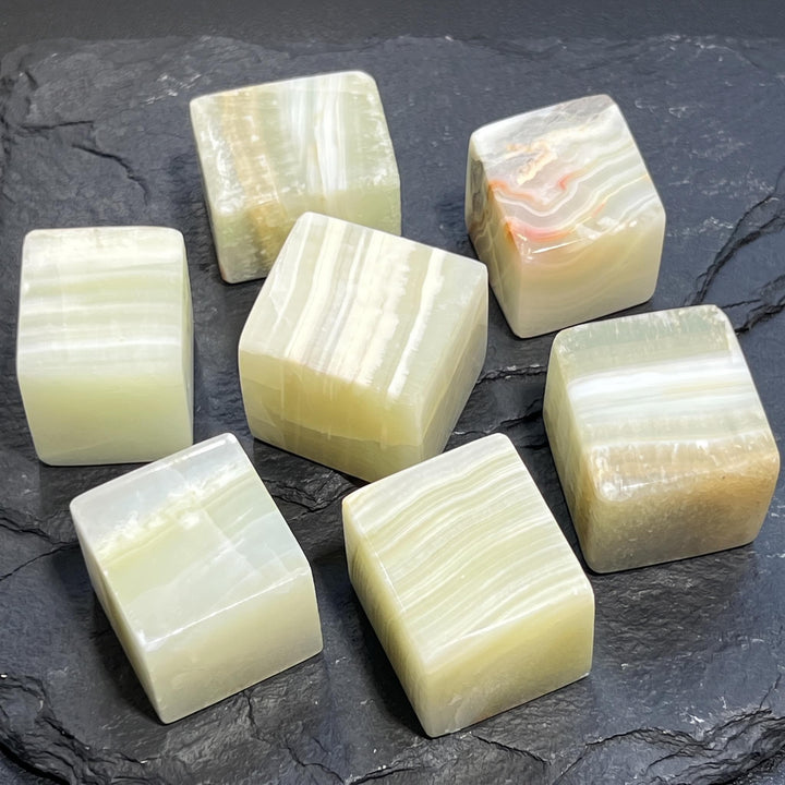 Green Banded Calcite Crystal Cube Block Carving