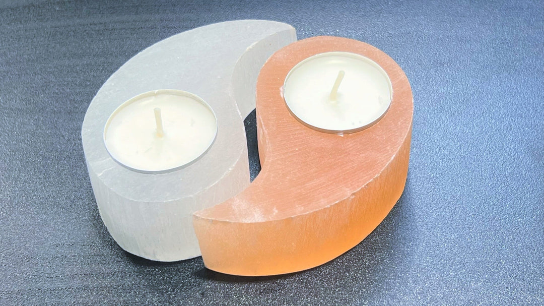 Selenite Crystal Yin Yang Tealight Candle Holder Set Carved Gemstone Natural