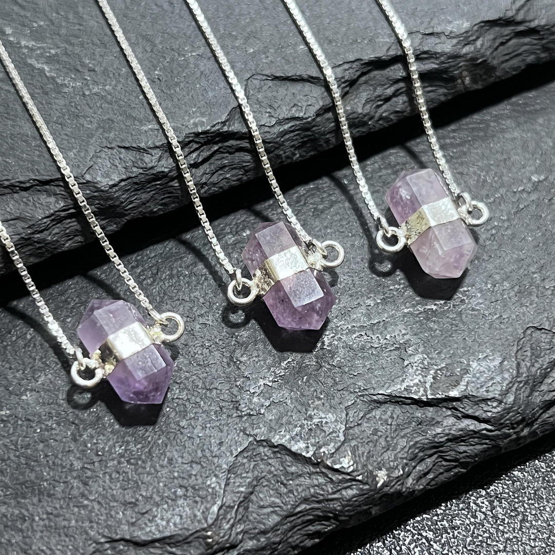Amethyst Crystal Petite Double Terminated Point Pendant Necklace (16 Inch Silver Plated Chain)