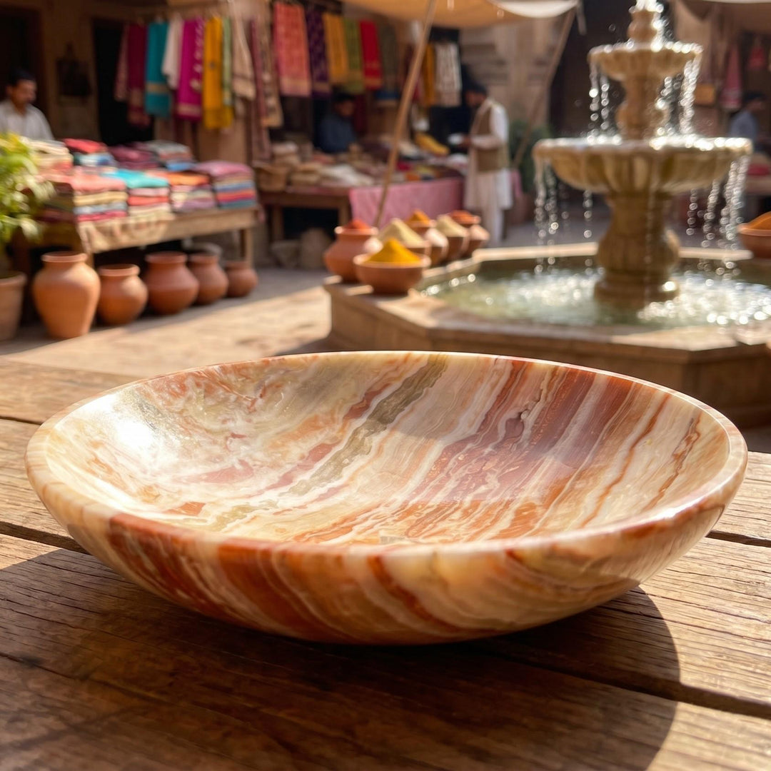 Brown Banded Calcite Stone Bowl Carving (6 Inches)